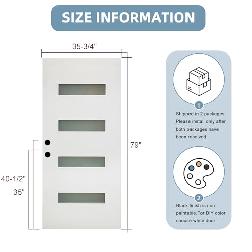 Image of Casaphoria 36 inch x 80 inch Fiberglass Entry Door with 4-9 /16 inch Vinyl Frame,Right Hand Inswing Exterior Door with Brickmould,Contemporary Wooden Grain Knock-Down Front Door for Home Entrance, White