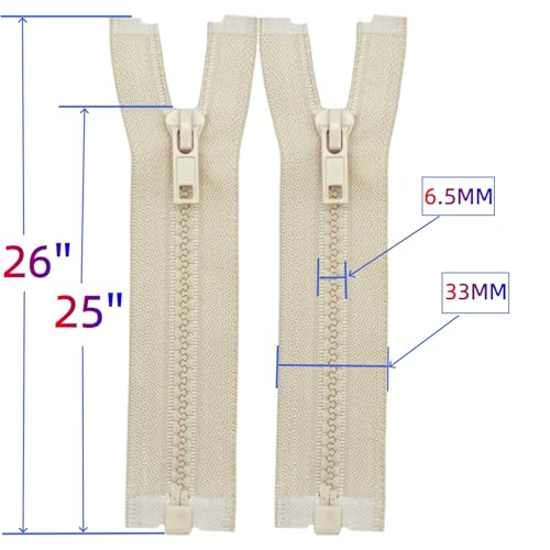 Image of MebuZip 2PCS #5 25 Inch Separating Jacket Zippers for Sewing (Beige) | Resin Zipper Molded Plastic Zippers Bulk for Sewing Jackets Coats Clothes