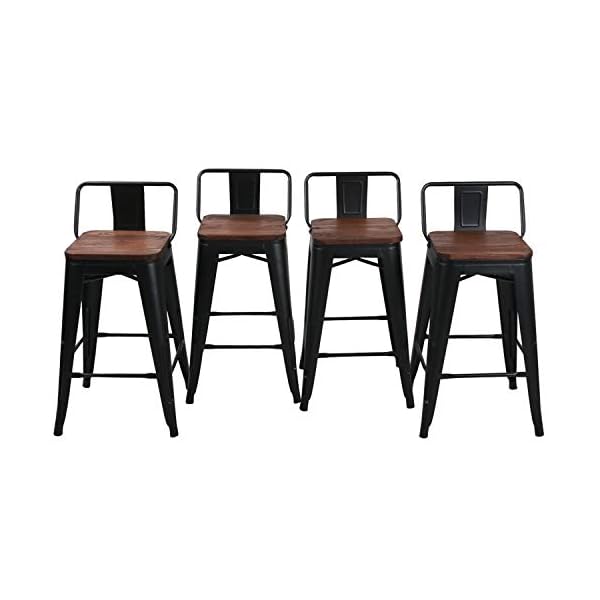 HAOBO Home 24" Low Back Metal Counter Stool Height Bar Stools with Wooden Seat [Set of 4] Barstools, Matte Black
