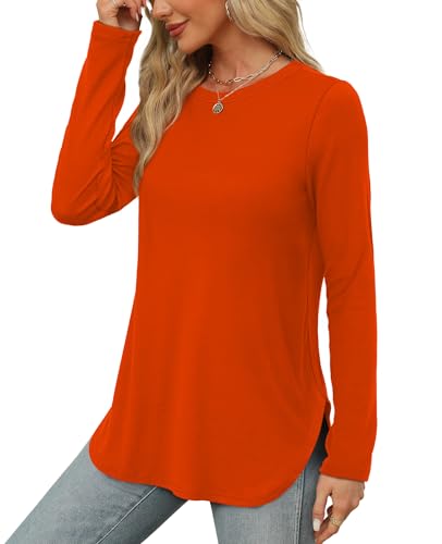 Image of XIEERDUO Womens Long Sleeve Round Neck Shirts Side Split Basic Loose Tunic Tops Casual 2026