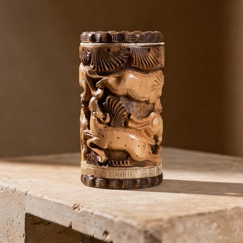 Image of Craft Trade 13x7 Cm Round Carved Wooden Pencil Pot Holder - Two Tone