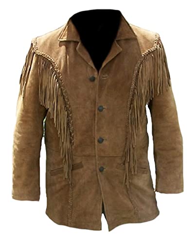 100% Real Suede Western Style Leather Jacket for Sale Native American Coat Fringe (2XL, Design 1)