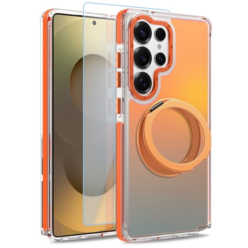 Image of Magnetic for Samsung Galaxy S25 Ultra Case with 360 Stand [Compatible with Magsafe] [Fluorescent Design] [1 Screen Protector] Slim Translucent Matte Case for Galaxy S25 Ultra 6.9 inch, Orange