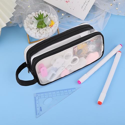 Image of Oyachic 2 Compartment Pencil Case Clear Mesh Pen Pouch Grid Makeup Cosmetics Bag Transparent Marker Organizer Office Business Travel Adults,black