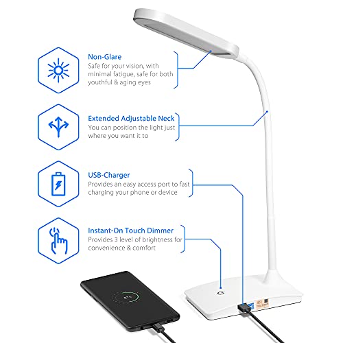 Tw Desk Lamps For Home Office - Super Bright Small Desk Lamp With Usb Charging Port, A Perfect Led Desk Light As Study Lamp, Bedside Reading Lights, White #TOP4