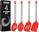 4 Pieces Large Silicone Cooking Spatulas and Spoons, Slotted and Solid Stainless Steel Cooking Utens