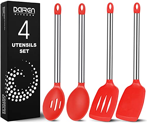 4 Pieces Large Silicone Cooking Spatulas And Spoons, Slotted And Solid Stainless Steel Cooking Utensils Set, Non-Stick Heat Resistant Kitchen For Baking, Stir-Fry, Mixing, Serving, Draining (Red) #TOP15