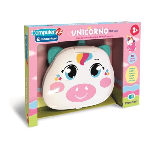 Clementoni - Computer für Kinder, Einhorn, Lern-Laptop für Kinder ab 2 Jahren, 10 Aktivitäten, elektronisches Spiel zum Lernen von Buchstaben, Zahlen, Formen, Farben und Richtungen, Batterien im