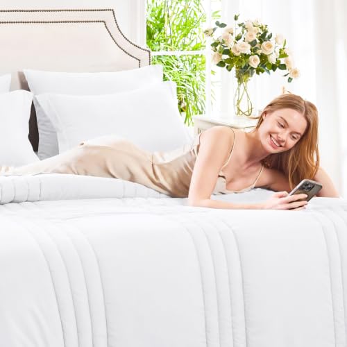 Image of CozyLux Full Size Comforter Sets White - 7 Pieces Bed in a Bag, Modern Vertical Quilted Room Decor, Soft All-Season Bedding Gift with Comforter, Sheets, Pillowcases & Shams