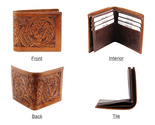 American Bison RFID Wallet for Men – Hand-Tooled Floral Cowhide Leather Bifold Wallet with Gift Box (Light Brown)4