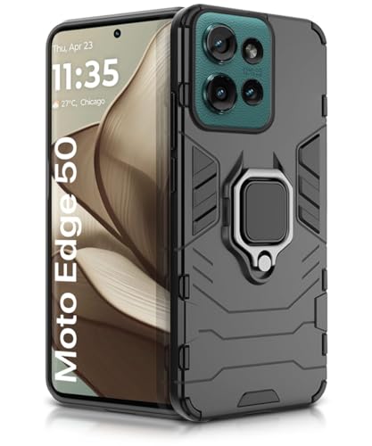 Image of WOW IMAGINE Shock Proof Back Case Mobile Cover for Motorola Moto Edge 50 5G | Back Cover Case (Tough Armor | Hybrid PC + TPU | Ring Holder & in-Built Kickstand | Black)