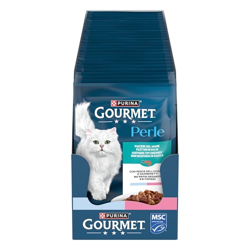 GOURMET Perle Piaceri del Mare Cibo Umido per Gatti Adulti Filettini con Pesce dell'Oceano e Gamberetti 26 Buste da 85g