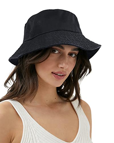 Camptrace Bucket Hats for Women Men Washed Cotton Bucket Hat Packable Sun Hats Summer Beach Hat with Detachable String Canvas Black Large-XLarge