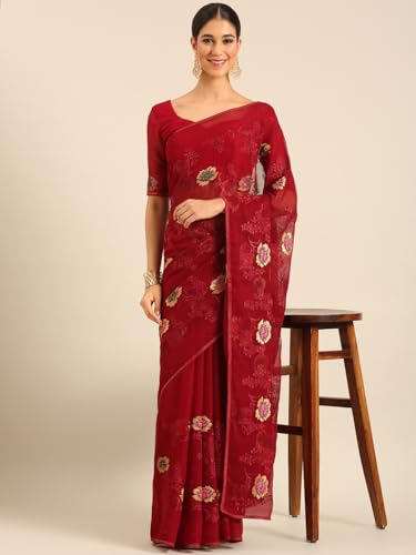 Image of Panzora Women's Chiffon Embroiderd Saree With Blouse Piece
