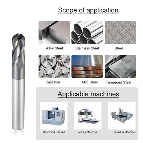 Image of Carbide Ball Nose EndMill HRC50 Double Edge 4 Flute TiAlN Coating Tungsten Steel Milling Cutter for Metal Steel 1 /8,3 /16,1 /4,5 /16,3 /8,1 /2 Series 6pcs Set