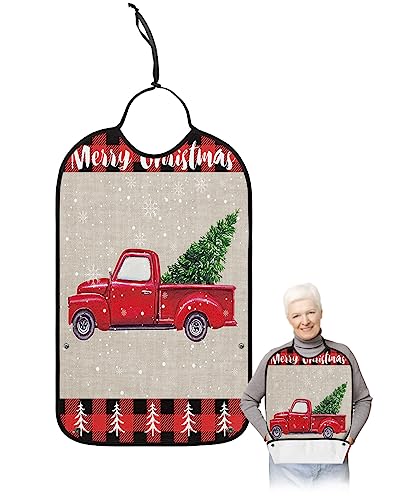 Christmas Truck Adult Bibs for Eating, Waterproof Bibs with Food Catcher & Adjustable Snap Closure, Red Black Plaid Snowflake Xmas Tree Washable Clothing Protectors Adult Bibs for Elderly Women/Men