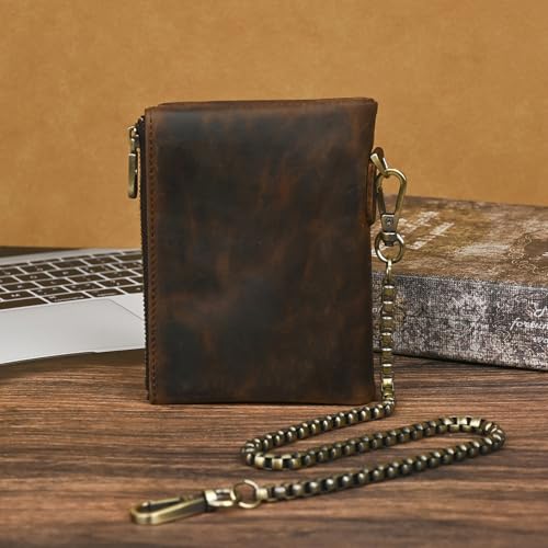 Oil Wax Genuine Leather Travel Gift Coin Pocket Card Case Vertical Chain Rfid Wallet Purse With Snap For Men Male 1802 (Brown)2
