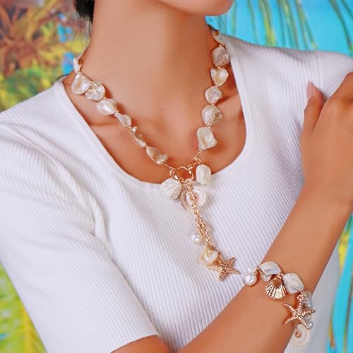 Firstmeet Natural Freshwater Shell Bracelet With Pearl Starfish Pendant Irregular Mother of Pearl Jewelry for Women3