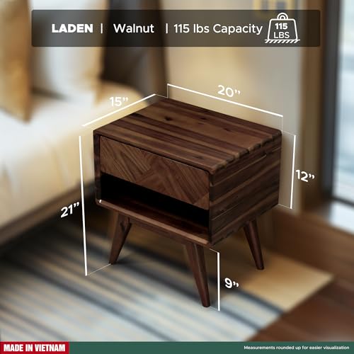 Image of Laden Solid Acacia Wood Nightstand with Storage Drawer, Mid-Century Modern Art Deco Design, End Table for Bedroom & Living Room, Scratch & Water-Resistant, Easy Assembly, Walnut
