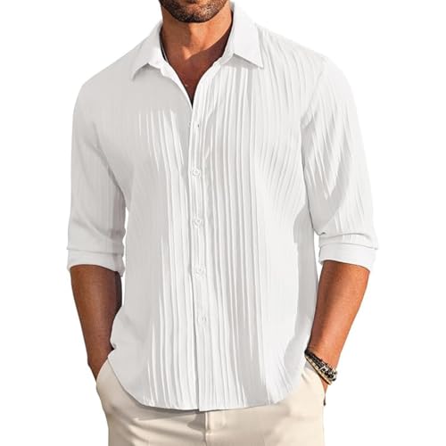 Image of DEELMO Men's Button Down Dress Shirts Textured Long Sleeve Casual Hawaiian Beach Shirt
