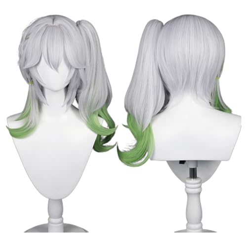 Queue de cheval bouclée verte et blanche pour cosplay anime avec frange