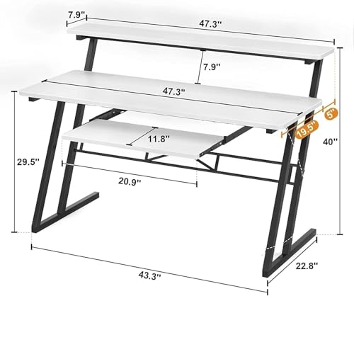 Image of FFO Music Studio Desk with Keyboard Tray | Multipurpose Work Desk for Home Office | Computer Table for Home, Office & Music Production | Laptop PC Workstation | White | 120L x 60W x 100H CM | DIY