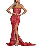 Ohvera Women's Strapless Sequined Party Cocktail Bridal Gowns Evening Mermaid Maxi Long Dress Red X-Large