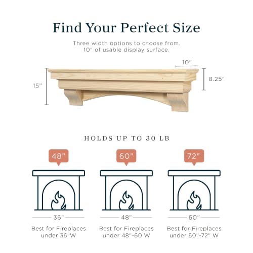 Image of MANTELSDIRECT Mantels Direct Salem Wood Mantel Shelf with Arched Corbels - Unfinished 48 Inch | Wooden Rustic Wall Mounted Shelf from Pine Wood - Perfect for Fireplaces, TVs & Decor