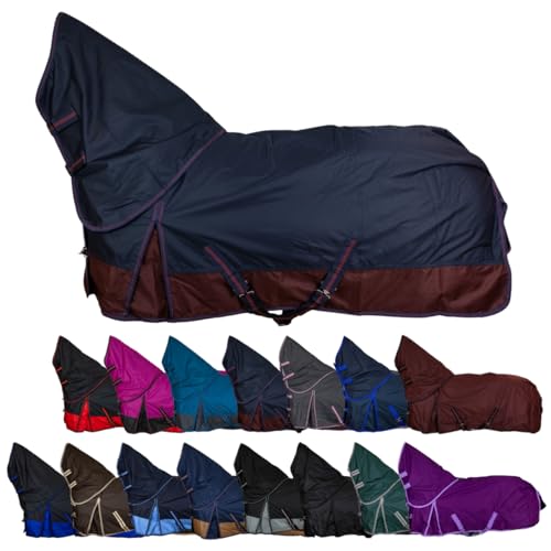 RL24 - Weidedecke Full Neck Basicline 600D Nylonfutter m. Füllung – Pferde Winterdecke – wasserdichte Outdoordecke m. Kreuzbegurtung – Pferdedecke in Marine/Kastanie – Größe 165cm (100g/m²)