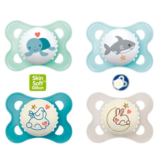 MAM Day & Night Skin Soft Chupete de silicona 0-6 // Neutral // Juego de 4 // Incluye 2 cajas de transporte de esterilización