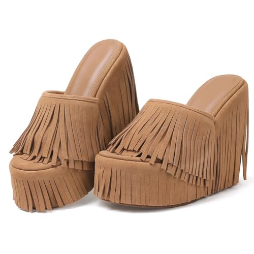 CYNLLIO Fringe Platform Sandals Women Dressy Wedge Heels Summer Boho Shoes Slip on Open Toe Slides Tassels Beach Slippers