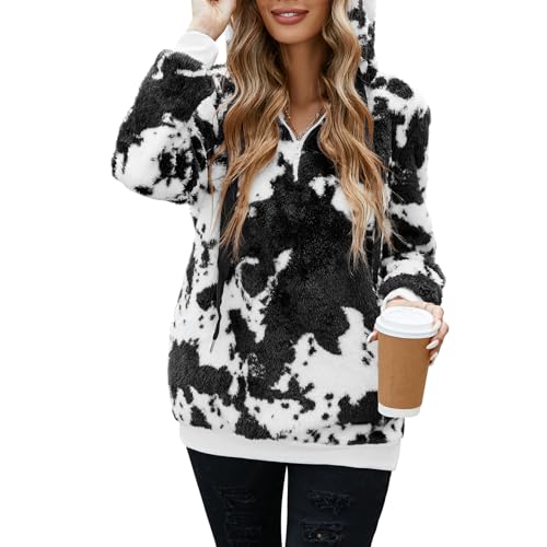 Century Star Womens Fuzzy Hoodies Pullover Sport Hoodie Cozy Oversized Pockets Hooded Sweatshirt Athletic Fleece Hoodies Black Cow Print Medium
