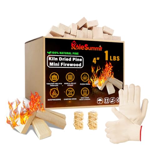 KoleSummit Mini Fire Stick with Fire Starters Gloves 4 Kiln Dried Pine Fire Pit Accessories Firewood Compatible with Wood Stoves Tabletop Fire Pits BBQ Grills & Pizza Ovens 1 lb Box