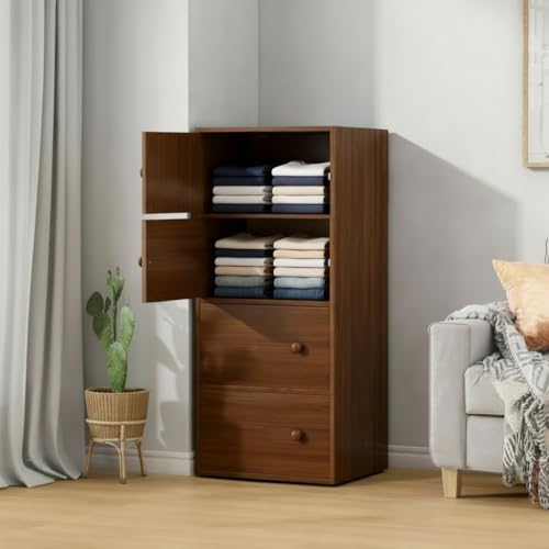 Image of 4-Door Morden Wooden Collapsible Wardrobe for Storage /Space Saving Wooden Wardrobe with Doors /Collpsible Storage Organiser /Living Room - (Walnut, 4 Layer)