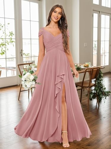 Ruffle Off The Shoulder Bridesmaid Dresses with Pockets Chiffon Long Slit Formal Evening Gown3