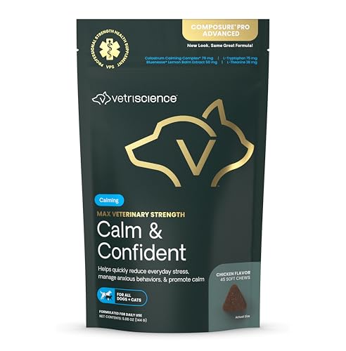 VETRISCIENCE Max Veterinary Strength Calm & Confident Chews - Stress Supplement for Pets - Supports Brain Function for Cats & Dogs - with Lemon Balm Extract L-Theanine Thiamine & More - 45 Count