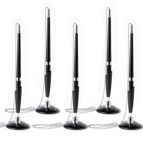 Image of NAUZE 5 Pieces Counter Pen Black Reception Pen Desk Set On Chain With Stand Security Pen Holder Ink Pen Desktop Ballpoint Pen for Bank Office Hotel Home