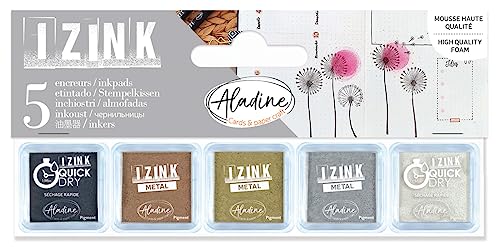 Aladine - Kit 5 Encreurs Classiques Métal - Encres pour Tampons - Or, Argent, Cuivre, Noir, Blanc - Izink Métalliques - Pour Personnaliser Invitations, Cadeaux, Menus, Étiquettes, Scrapbooking - 03945