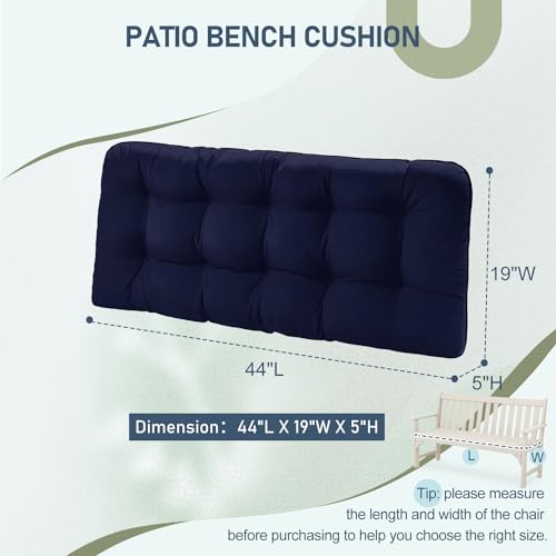 downluxe Outdoor Bench Cushion for Patio Furniture, Waterproof Tufted Overstuffed Porch Swing Cushions, Thick Outdoor Loveseat Cushions, 44\" X 19\" X 5\", Navy, Set of 1