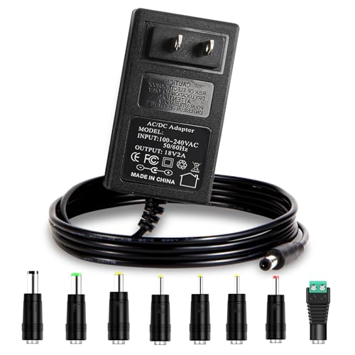 18V 2A Power Supply AC Adapter with 8 Tips, Universal DC in 18 Volt 2 Amp Power Cord, Converter Transformer 100-240v, 50/60HZ, 5.5x2.5mm DC Output Jack, for 18V 1A 1.2A 1.5A 1.7A 1.8A 2A Equipment