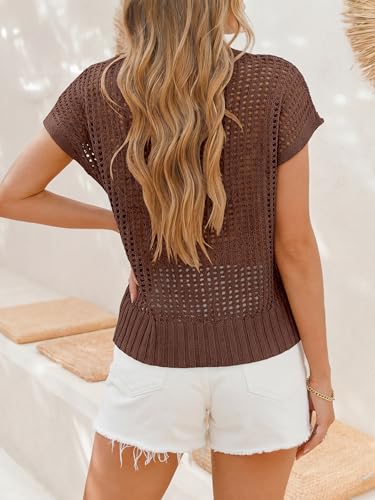Image of ANRABESS Short Sleeve Sweater for Women Summer Crochet Knit Tops