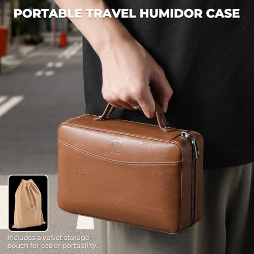 Portable Travel Cigar Humidor Case, Leather Cedar Wood Cigar Case with Cigar V Cutter & Lighter, Built in Hygrometer & Humidifier, Velvet Storage Bag Included - Image 6