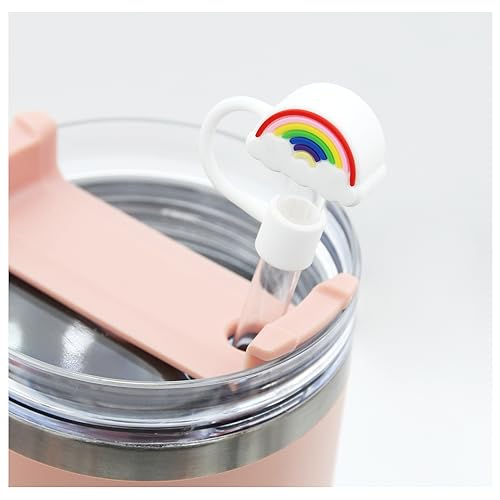 Image of Flower Straw Cover Cap for Stanley Cup Silicone Straw Topper Compatible with 30 and 40 Oz Tumbler with Handle,Straw Tip Covers 10 mm 0.4 in for Straw Tip Covers (6pcs Rainbow Flower Strawberry)