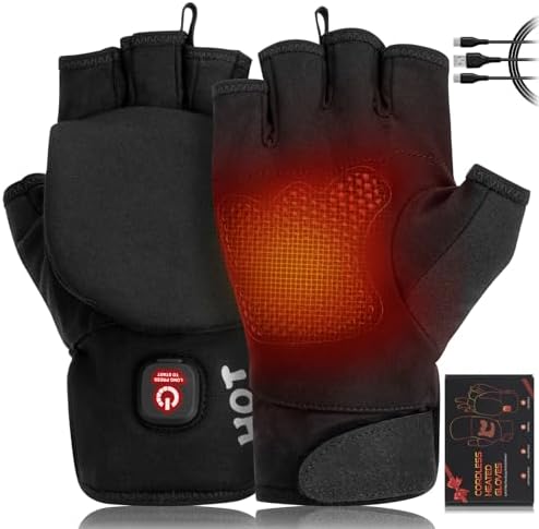 Snowboarding - Heated Gloves for Men Women, Rechargeable Full & Half Hands Electric Gloves Heated Fingerless Touchscreen Gloves Heated Winter Hand Warmer for Work Cycling Skiing Outdoor Snow (Large)