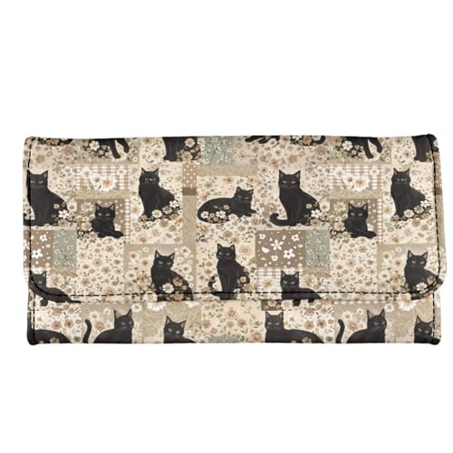 Image of AFPANQZ Black Cat Floral Womens Wallets Leather Trifold Multi Card Holder Slots Wallet, Ladies' Leather Card Pouch Bag for Keys Lipstick Cit Cards Holder