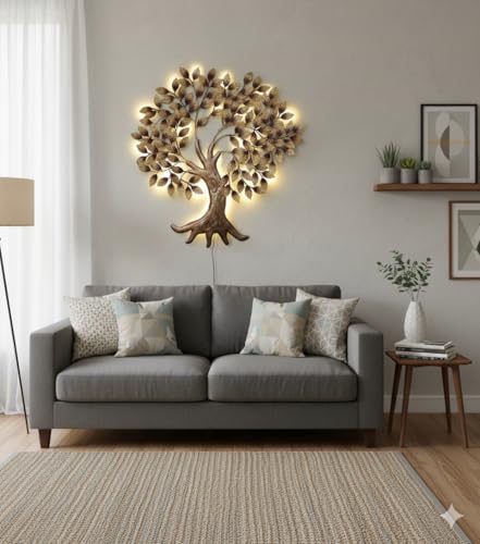 Image of Bharat Art Metal Big Tree Wall Art with LED Light Handcrafted Iron Wall Hanging for Living Room Bedroom Hall Office Entrance | Zora Tree B Golden 45 x 2 x 45 Inch | WD111 (B)