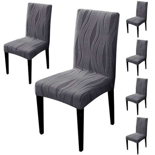 Image of HOKIPO 200 GSM Premium Knitting Jacquard Elastic Dining Table Chair Cover Set of 6, 'Nestiva Series' Porpoise Grey (AR-6072-GRY)