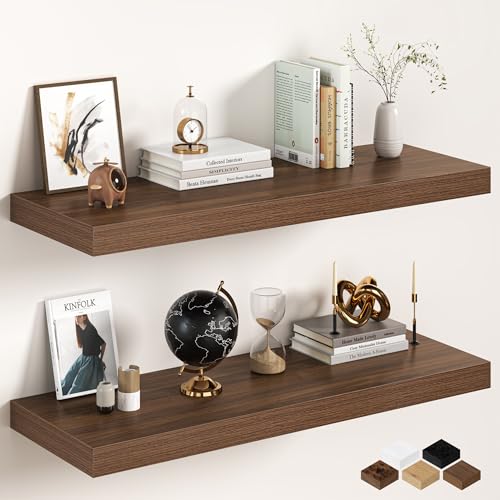 Image of 40Inch Walnut Floating Shelves for Wall, 12 Inch Deep Shelves for Bedroom, Kitchen, Bathroom Wall Mounted, Rustic Wood Floating Shelf with Invisible Brackets for Books, Storage, Decor, 2 Packs