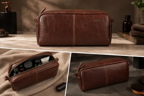 Image of Calfnero Genuine Leather Toiletry Bag for Men & Women | Premium Leather Travel-Pouch | Toiletry Organizer | Cosmetic & Shaving Kit Bag | Unisex Travel Dopp Kit (Cognac)