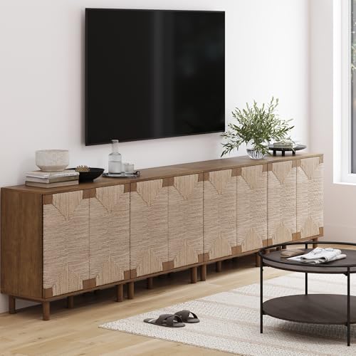 Image of Nathan James Beacon Boho Accent Cabinet with Doors, TV Stand with Adjustable Interior Shelf and Seagrass Accent, Dark Brown, Set of 4